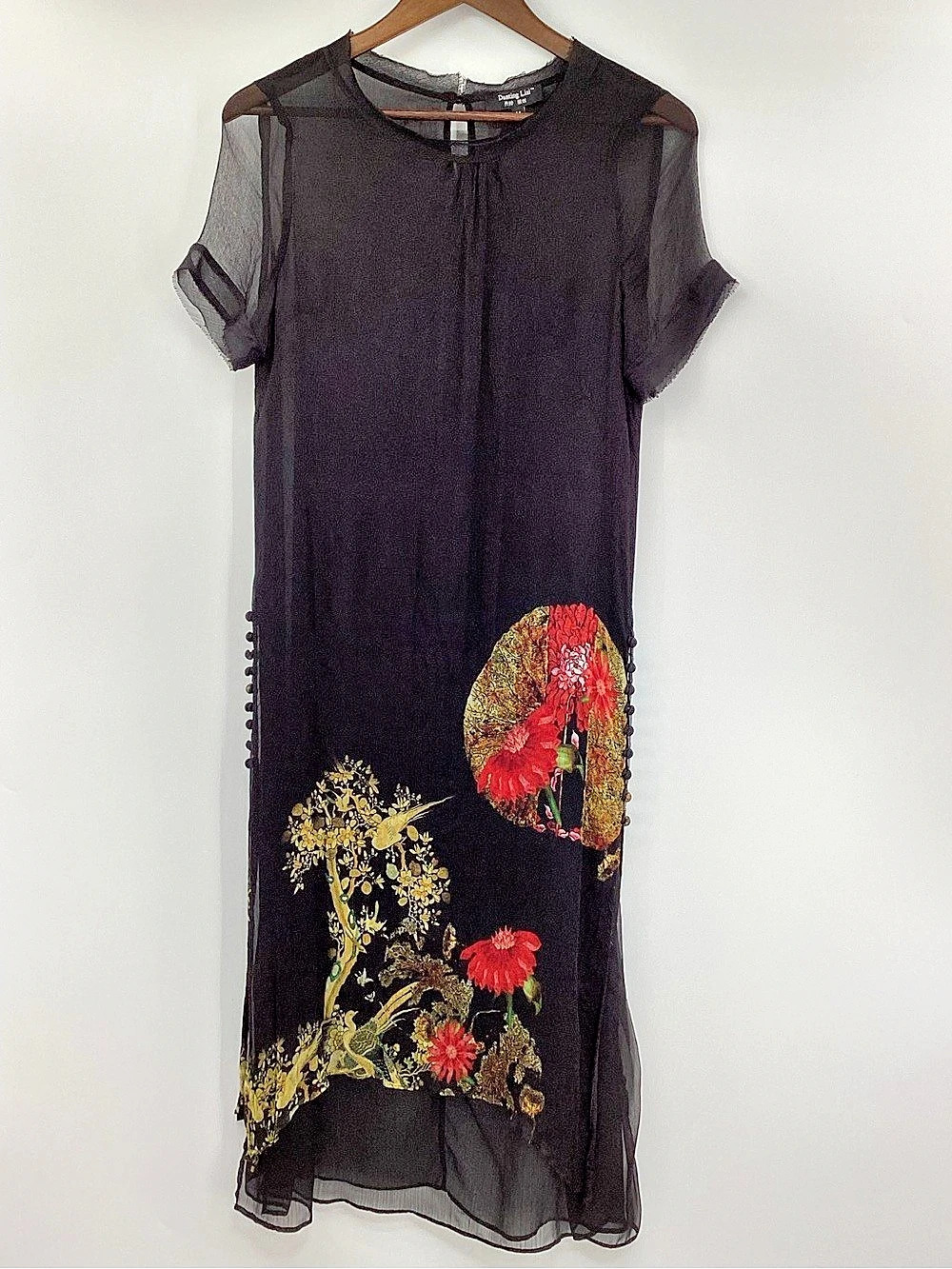 Danting Lisi Floral Midi Silk Dress in Black & Red Size Medium